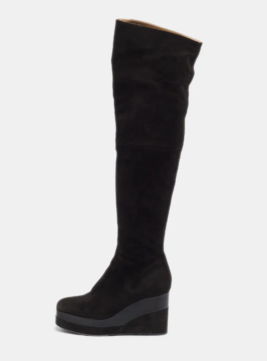 Hermes Size 38.5 Black Leather and Suede Platform Wedge Knee Length Boots