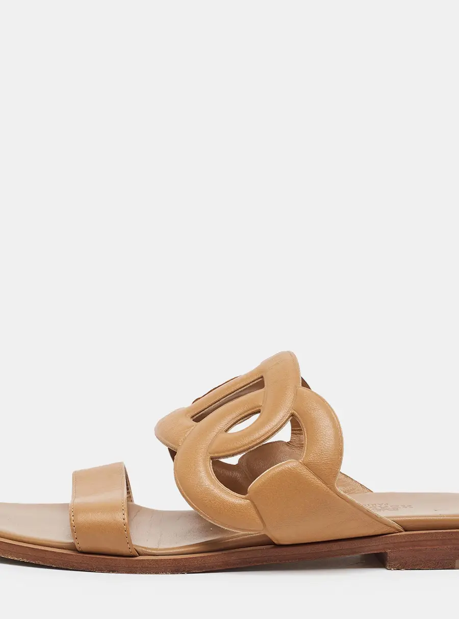 Hermes Lagune Size 37 Brown Leather Flat Slides