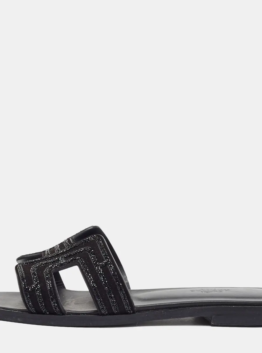 Hermes Oran Size 37 Black Leather and Sequins Flat Slides