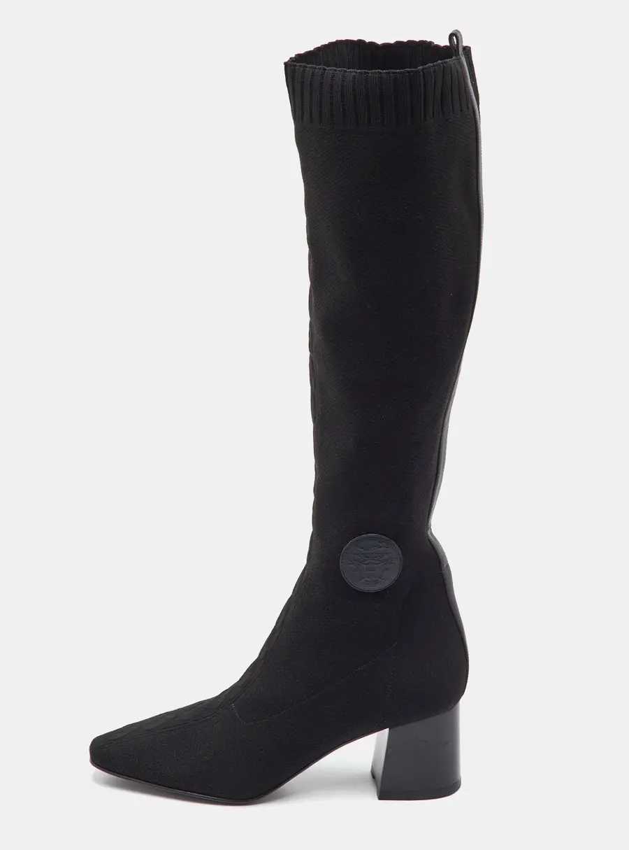 Hermes Fontaine Size 40 Black Knit Fabric Knee Length Boots