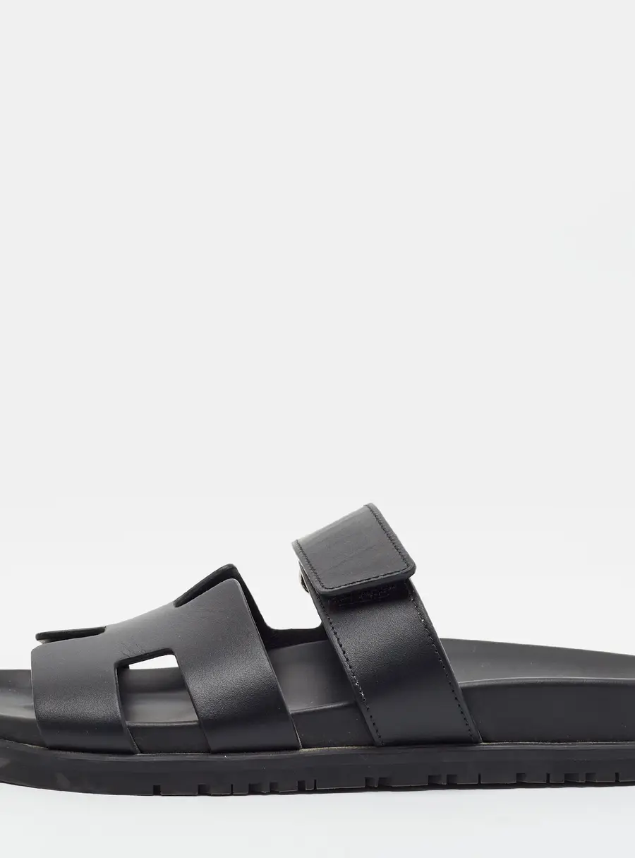 Hermes Chypre Size 36.5 Black Leather Slide Sandals