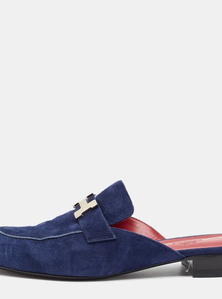 Hermes Trocadero Size 40 Navy Blue Suede Flat Mules