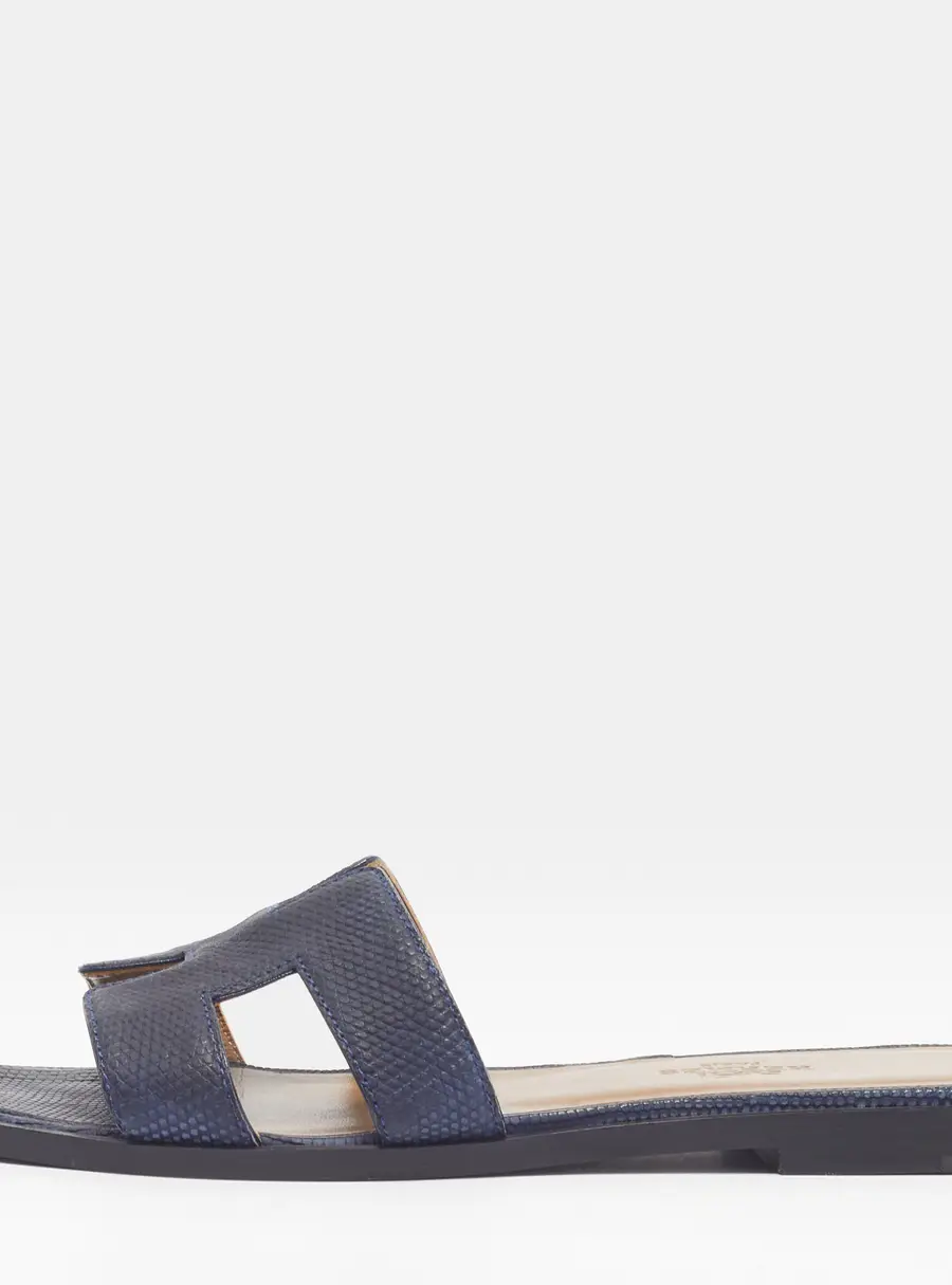 Hermes Oran Size 35 Navy Blue Lizard Embossed Leather Flat Slides