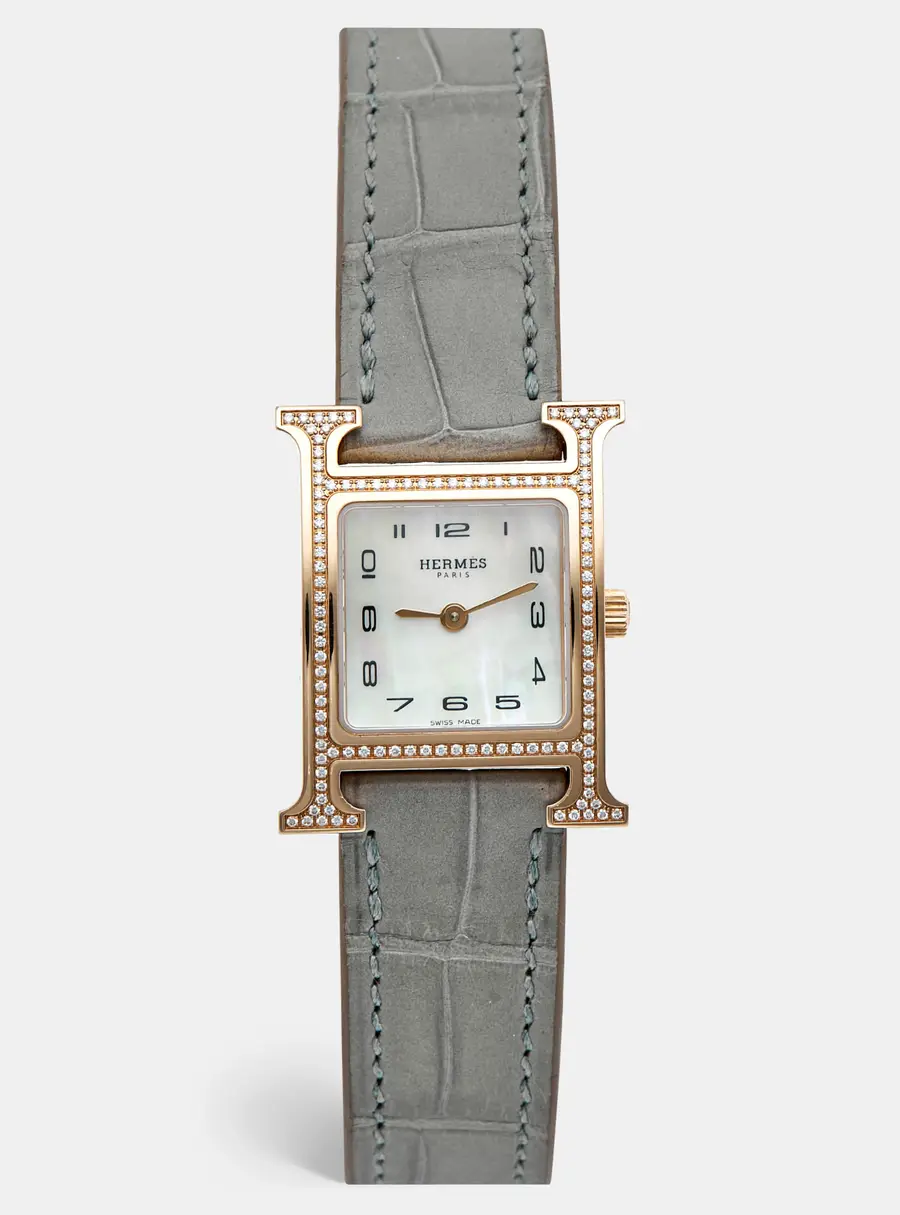 Hermes Heure H HH1.273 Mother Of Pearl Dial 18k Rose Gold Alligator Leather Diamond Women's Wristwatch 26 mm