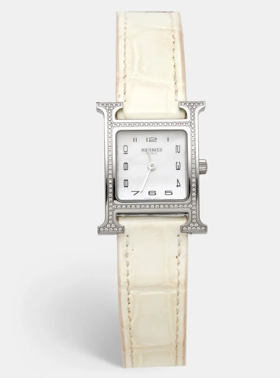 Herm&egrave;s Heure H HH1 235 Mother Of Pearl Dial Stainless Steel Alligator Leather Diamond Women's Wristwatch 21 mm