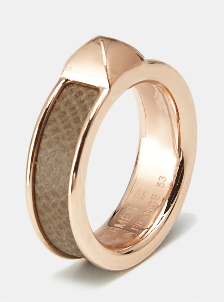 Hermès Athena Simple Stud Leather Rose Gold Plated Ring Size 53