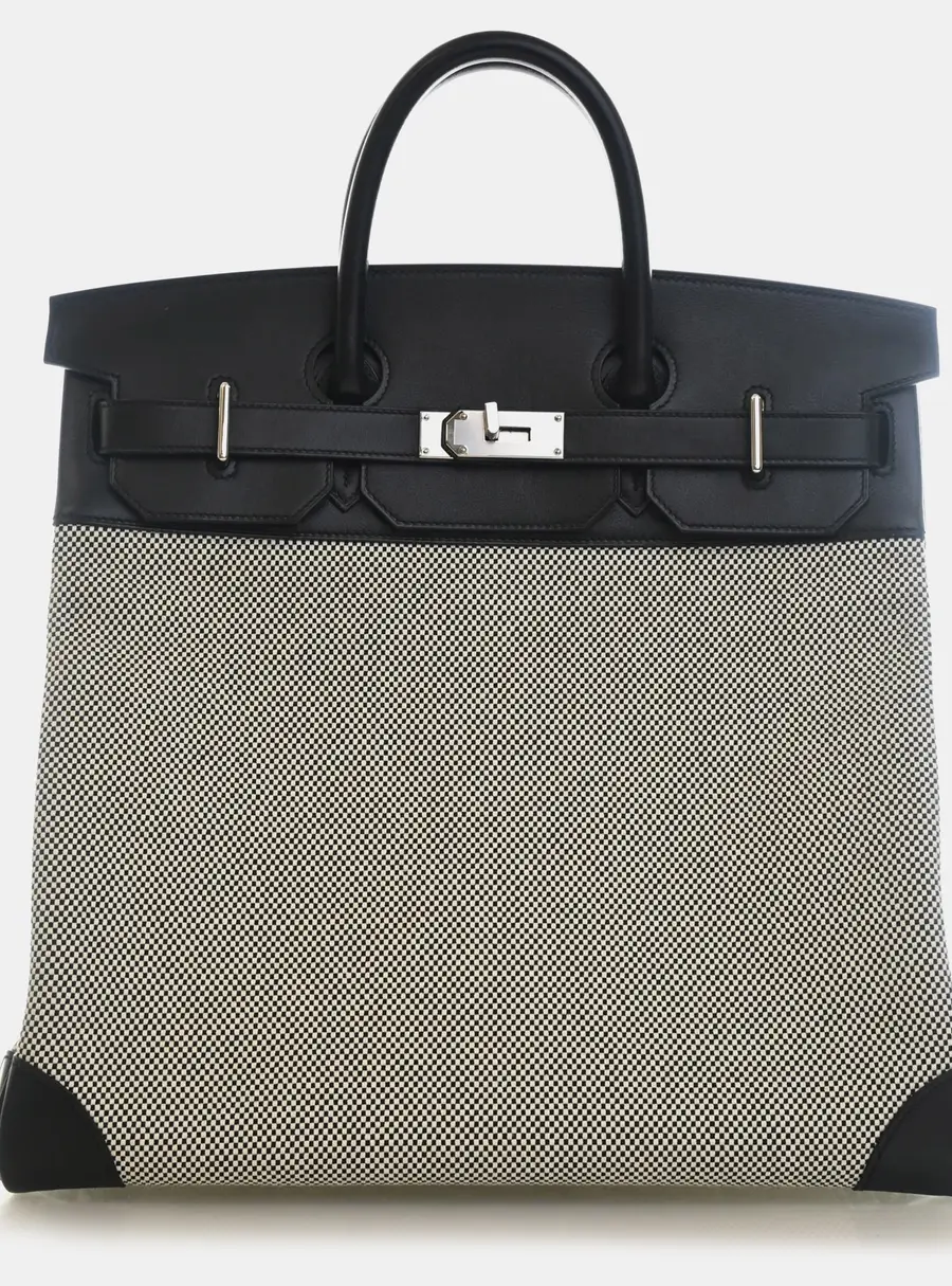 Hermes Haut a Courroies Birkin 40 Noir Criss Cross Toile Evercolor Leather Top Handle Bag