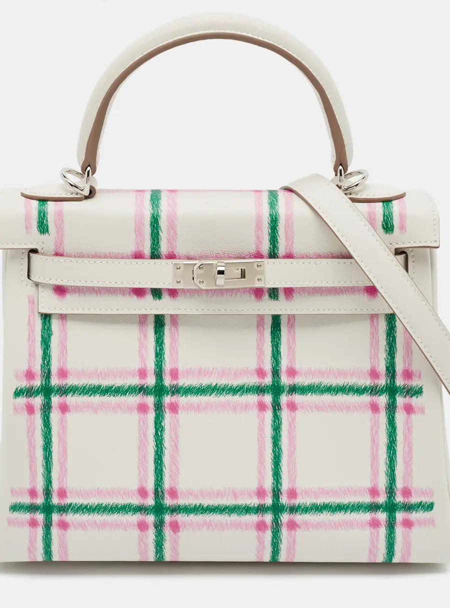 Herm&egrave;s Kelly Retourne 25 Palladium Finish Multicolor Tartan Light Swift Leather Top Handle Bag