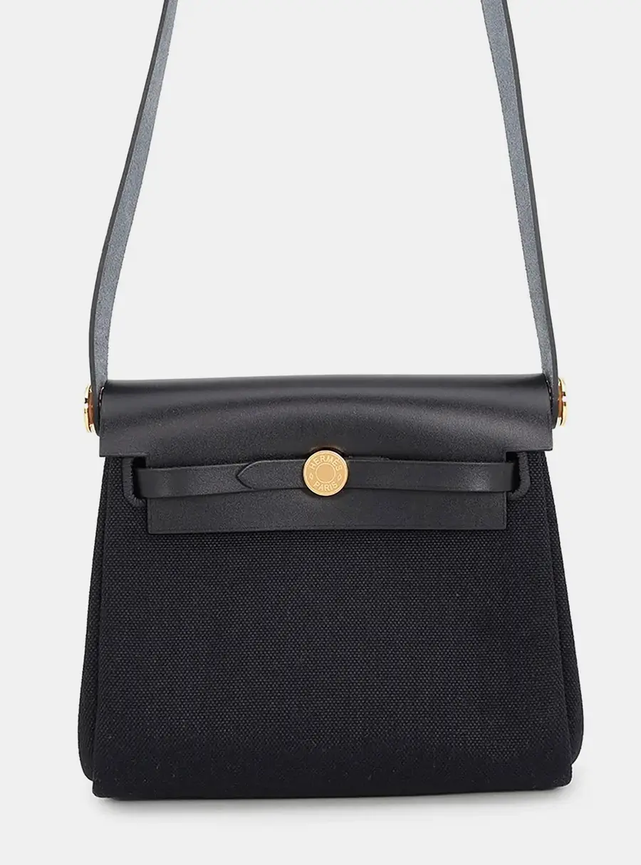Hermes Herbag Zip Black Toile H Vache Hunter Leather Size Mini