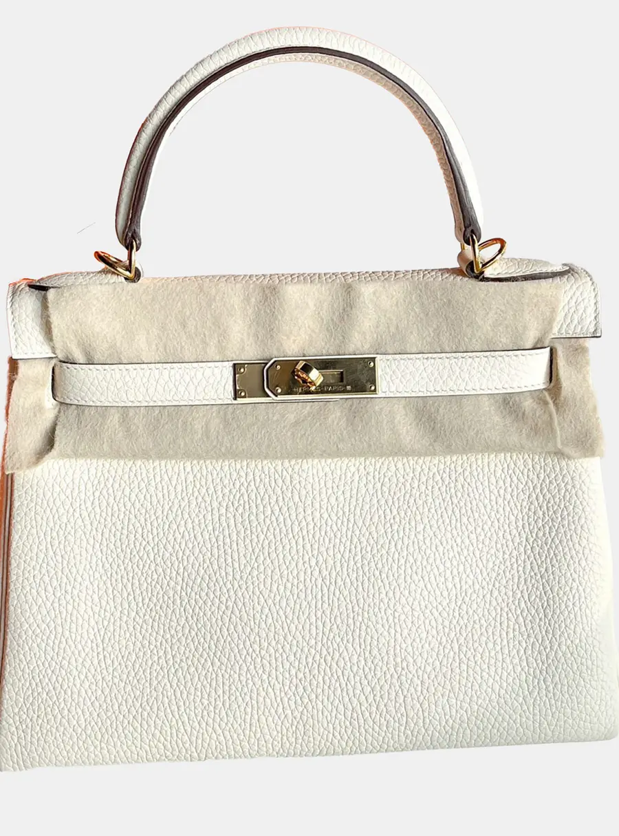 Hermes Kelly 28 Cream White Leather Top Handle Bag