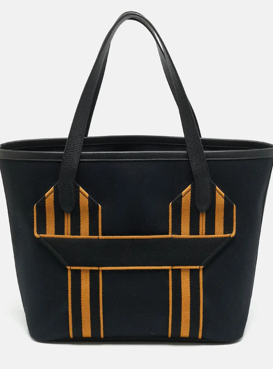Hermes Pursangle MM Noir/Caramel Militaire Toile and Taurillon Clemence Leather Tote