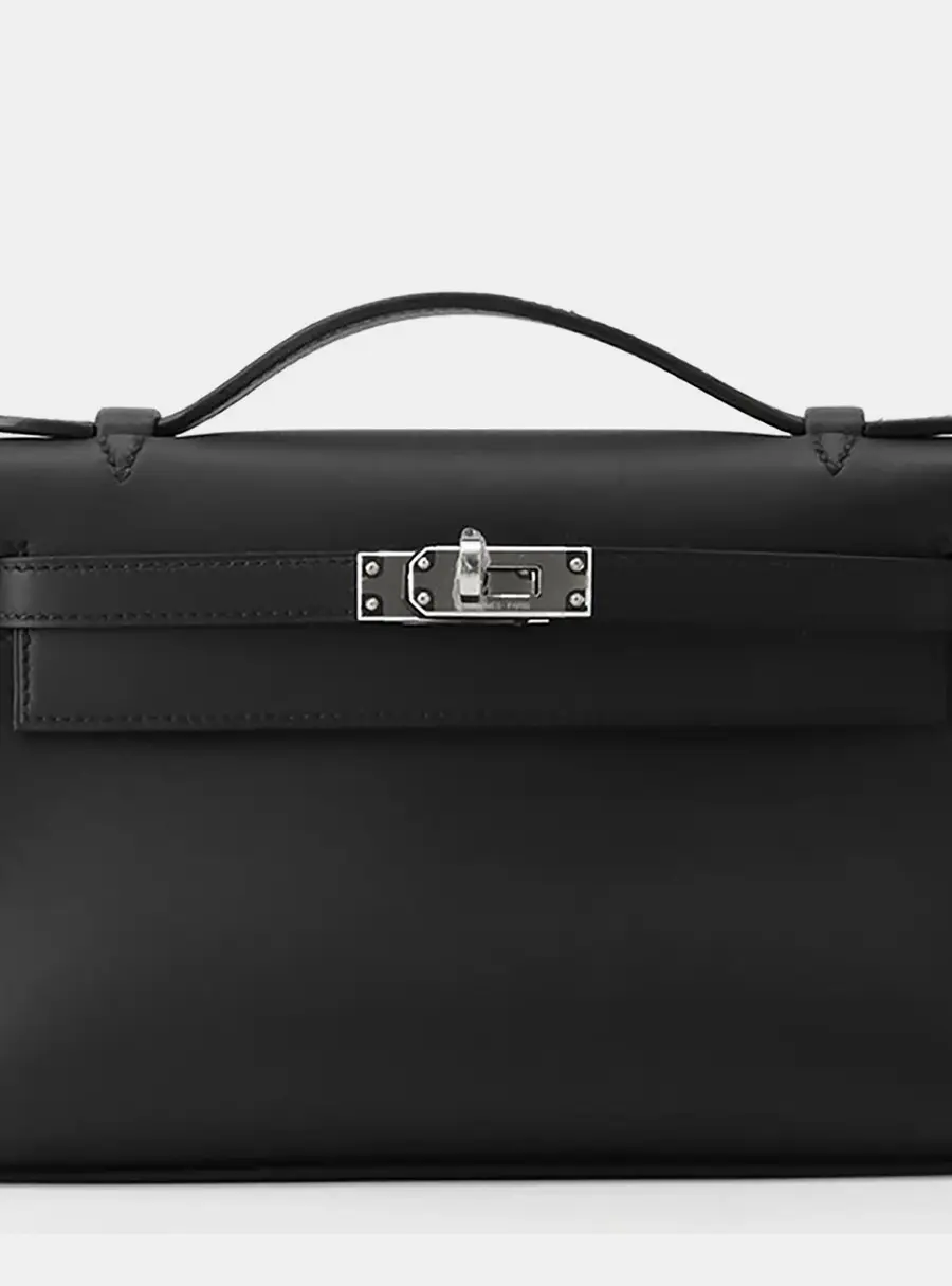 Hermes Pochette Kelly Black Swift Leather Top Handle Bag