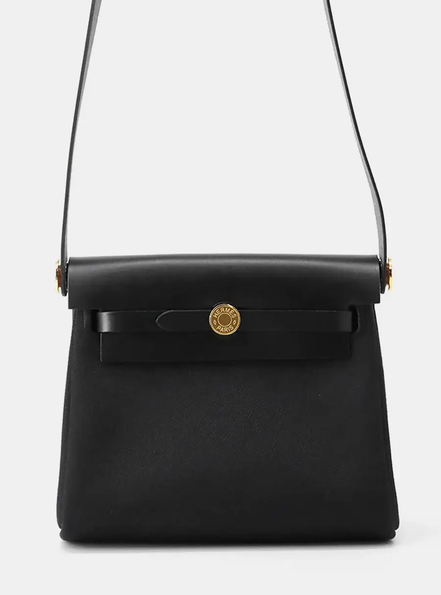 Hermes Herbag Zip Mini Black Toile H Vache Hunter Leather Tote Bag