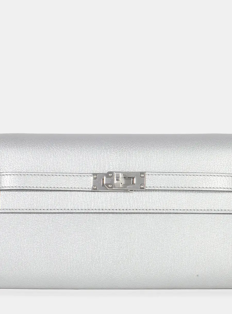 Hermes Kelly Wallet To Go Silver Chevre Chamkila Leather Shoulder Bag