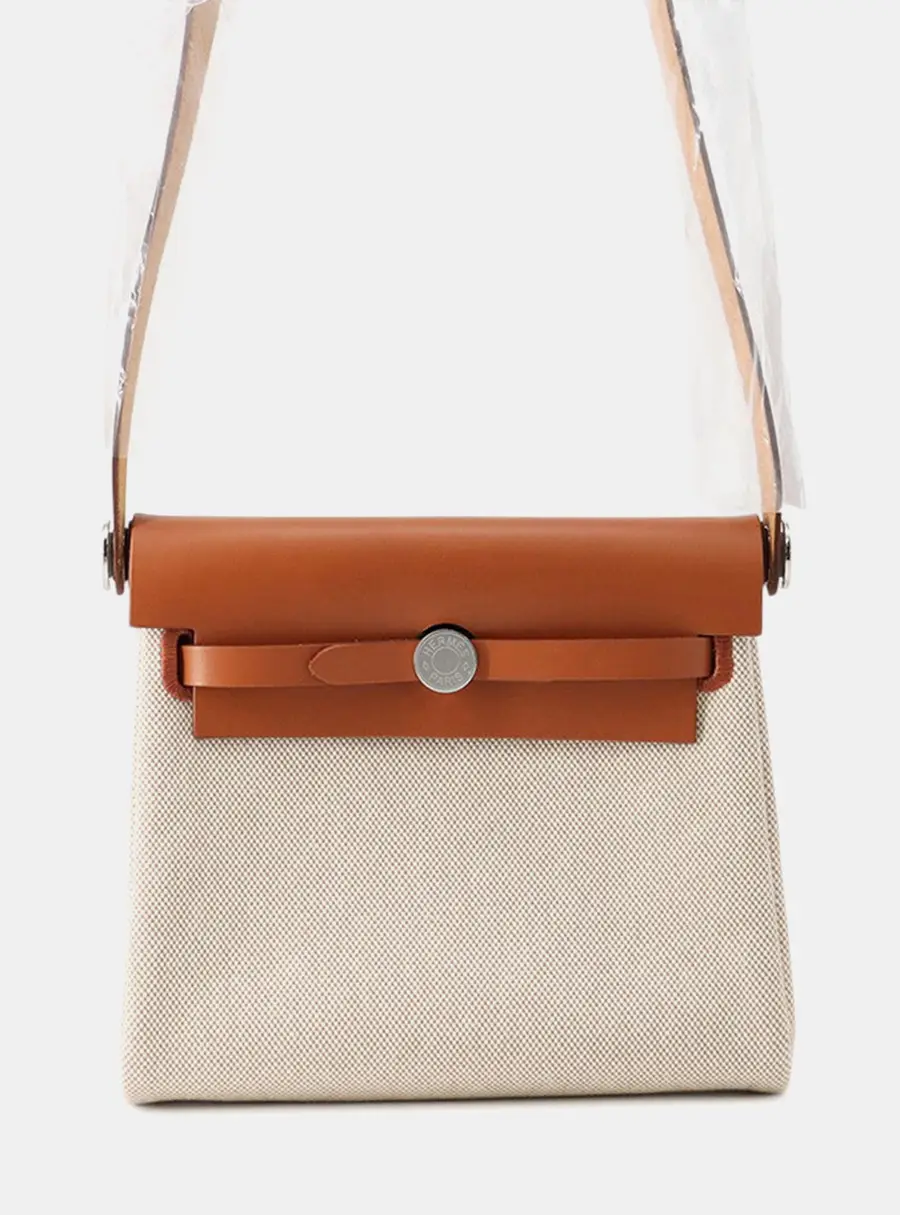 Hermes Herbag Zip Mini Ecru Fauve Toile H Vache Hunter Leather Tote Bag