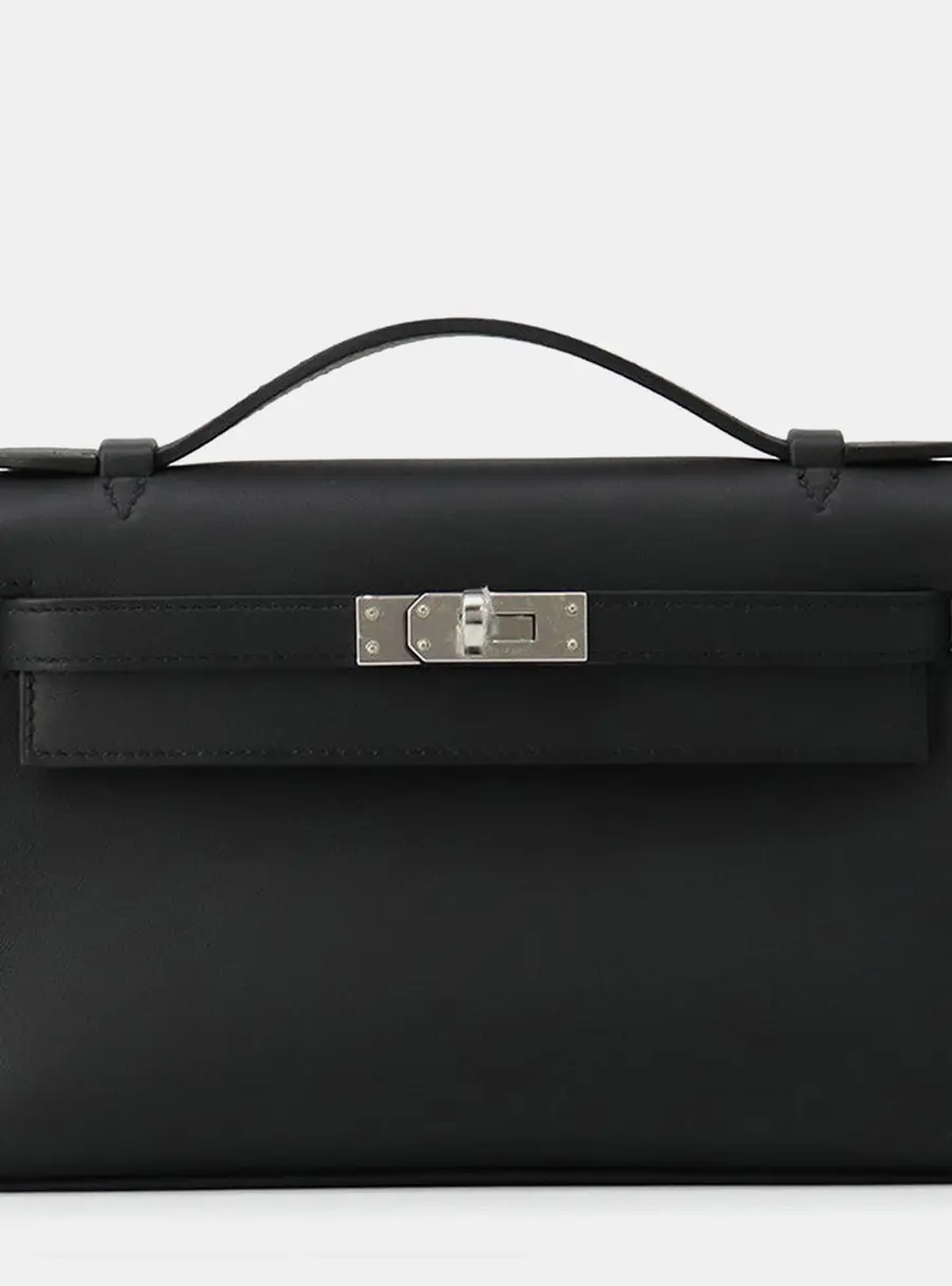 Hermes Pochette Kelly Black Swift Leather Top Handle Bag