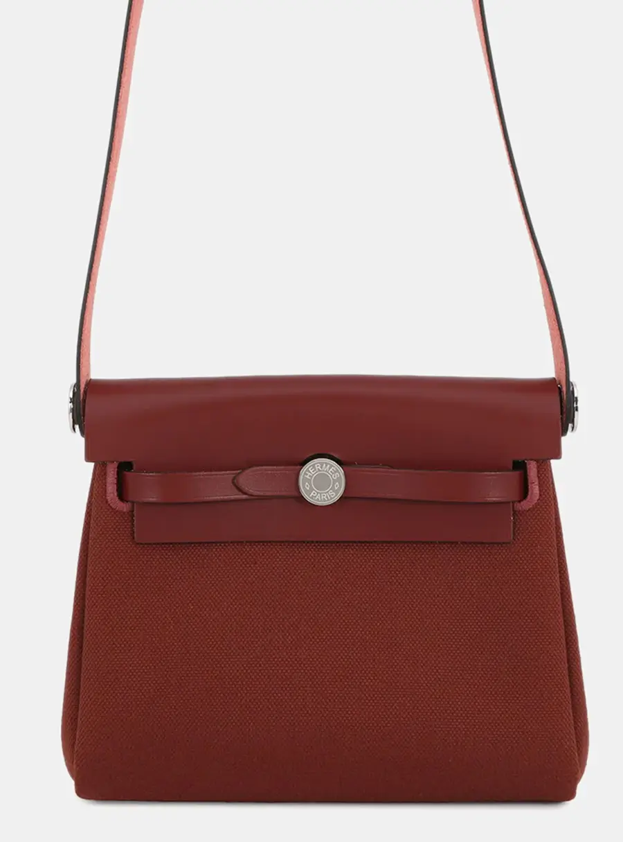 Hermes Herbag Zip Rouge H Vache Hunter Leather Toile Military Mini Tote Bag