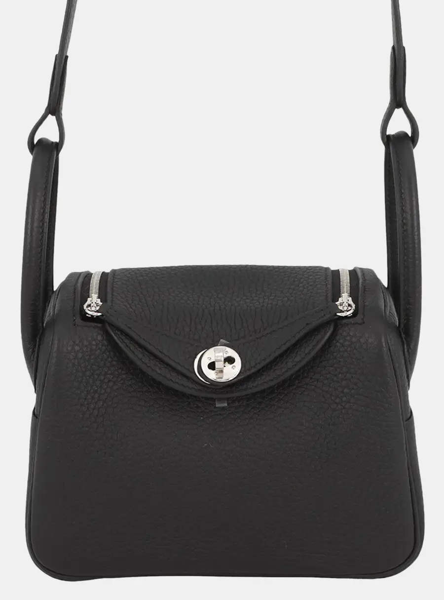 Hermes Lindy Mini Black Taurillon Clemence Leather Top Handle Bag