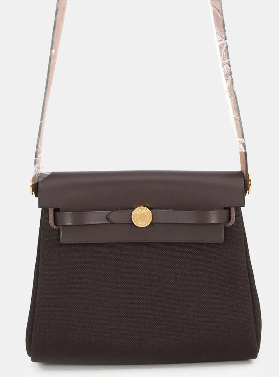 Hermes Herbag Zip Mini Ebene Toile Canvas Vache Hunter Leather Tote Bag