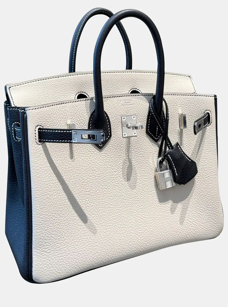 Hermes Birkin 25 Craie Black Togo Calfskin Leather Top Handle Bag
