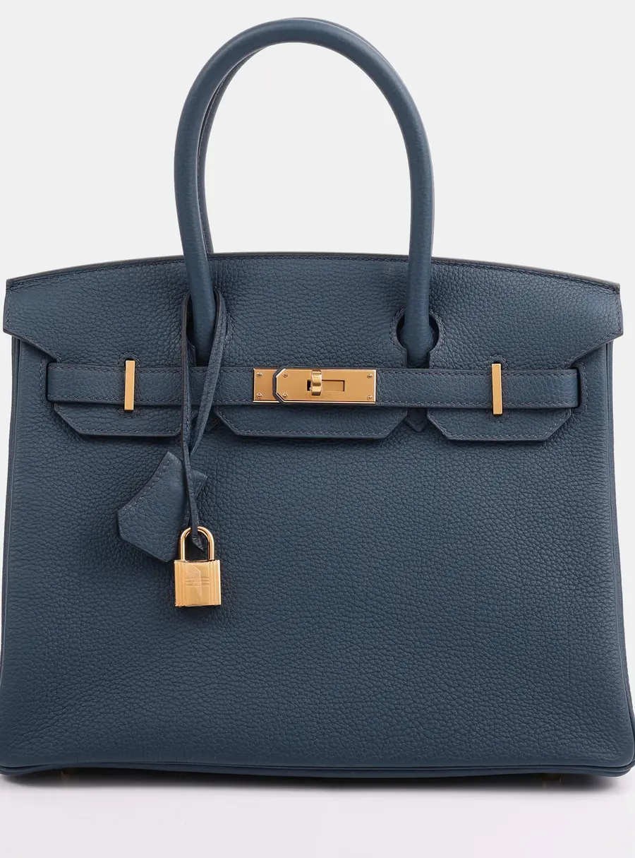 Hermes Birkin 30 Bleu de Prusse Togo Calfskin Leather Top Handle Bag