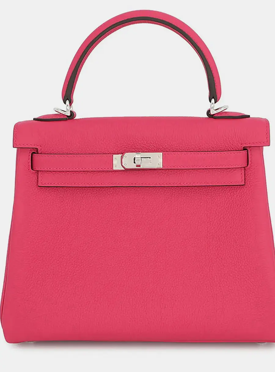 Hermes Kelly Retourne 25 Rose Mexico Togo Calfskin Leather Top Handle Bag