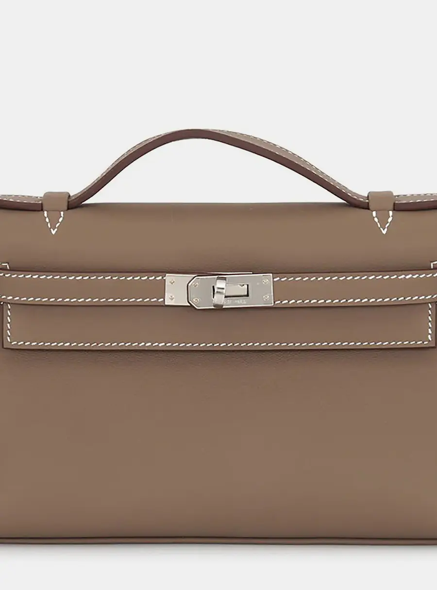 Hermes Pochette Kelly Etoupe Swift Leather Top Handle Bag