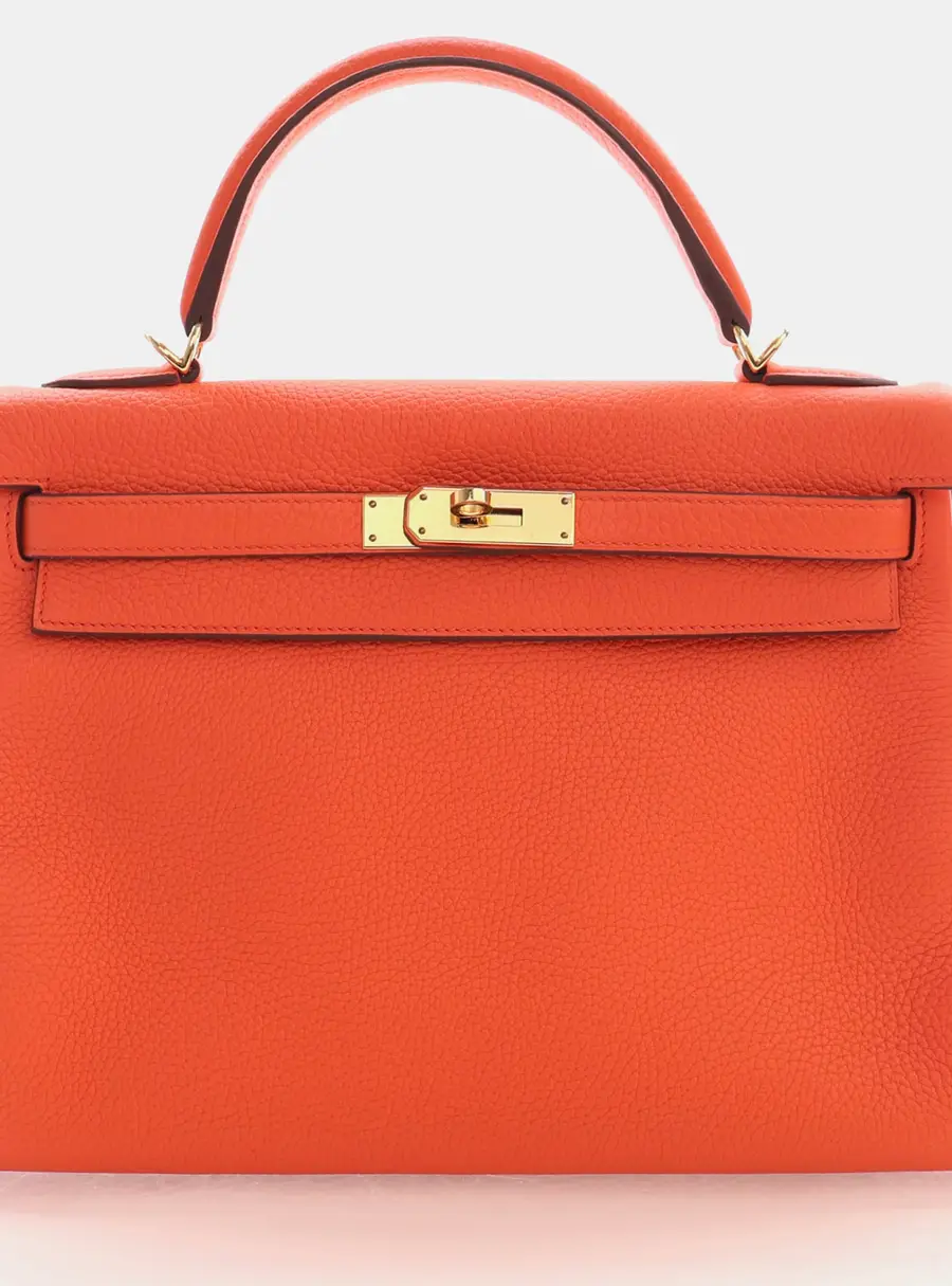 Hermes Kelly 32 Orange Poppy Clemence Leather Retourne Top Handle Bag