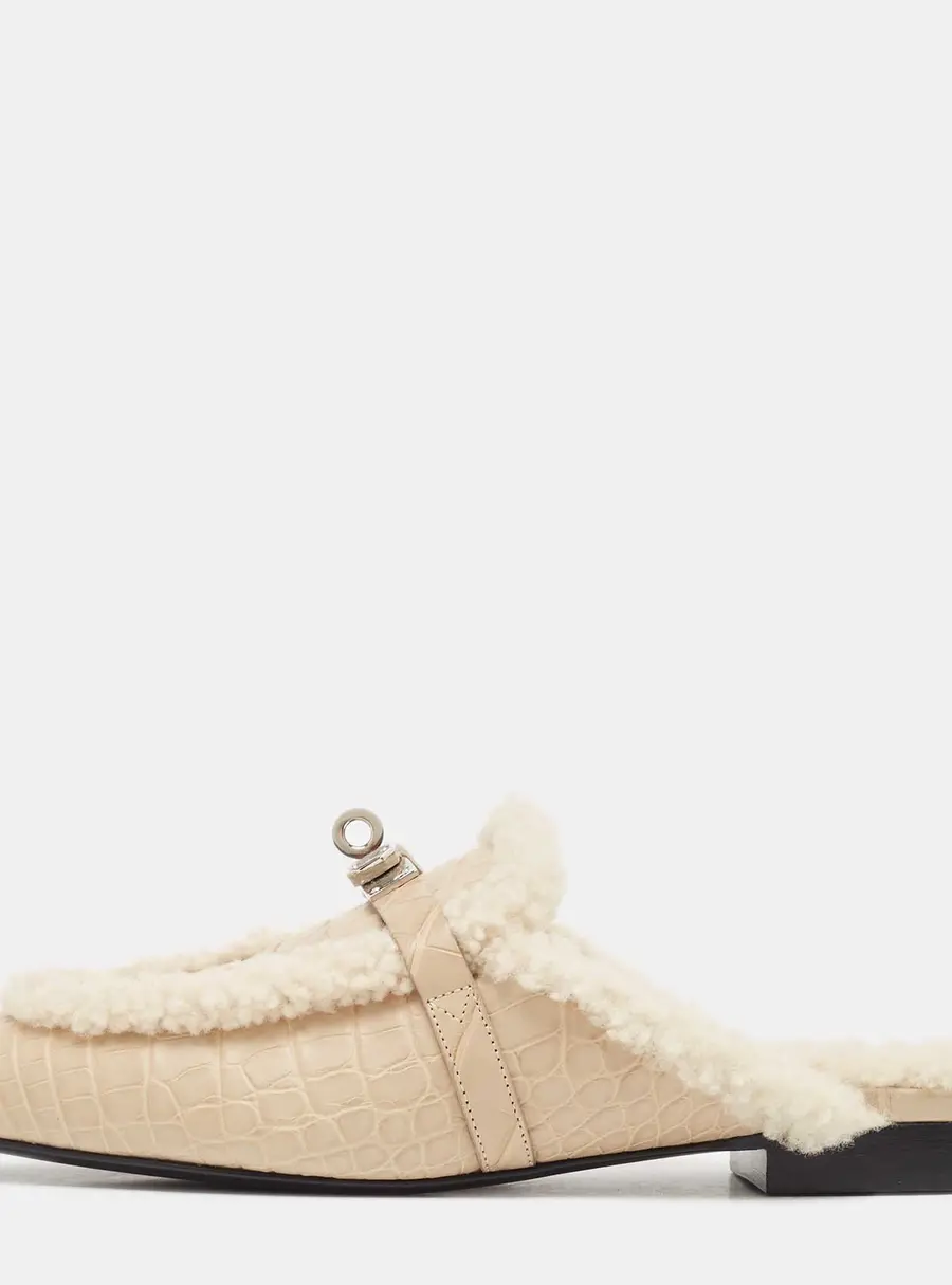 Hermes Beige Alligator Mississippiensis and Shearling Oz Flat Mules Size 38