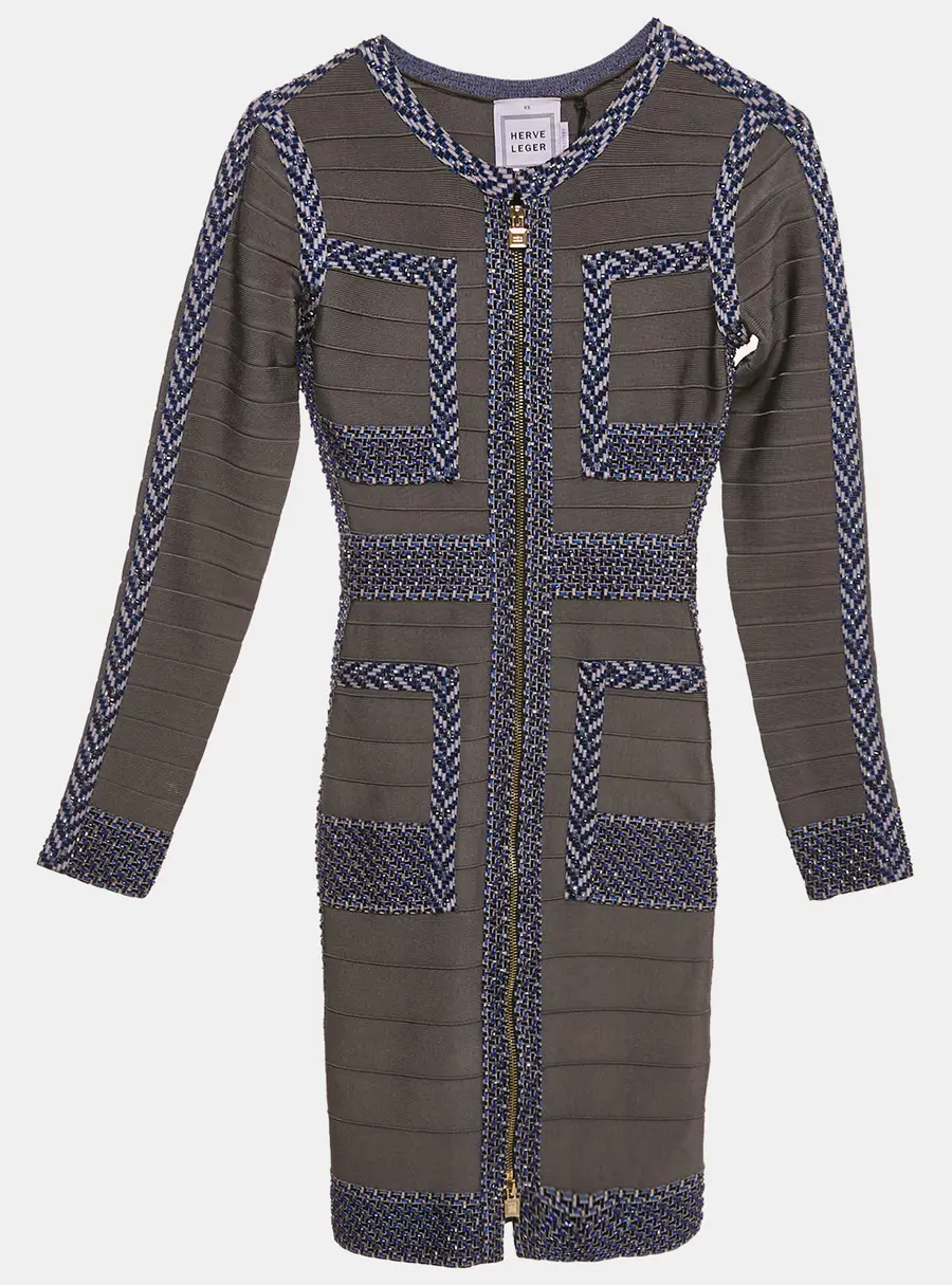 Herve Leger Grey/Blue Beaded Knit Bandage Keslyn Dress XS