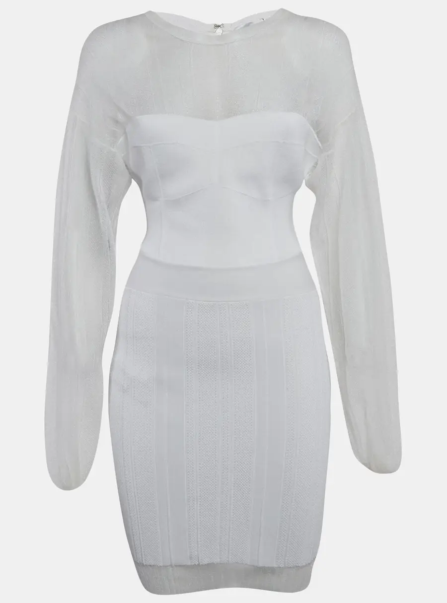 Herve Leger White Jersey Long Sleeve Mini Dress S