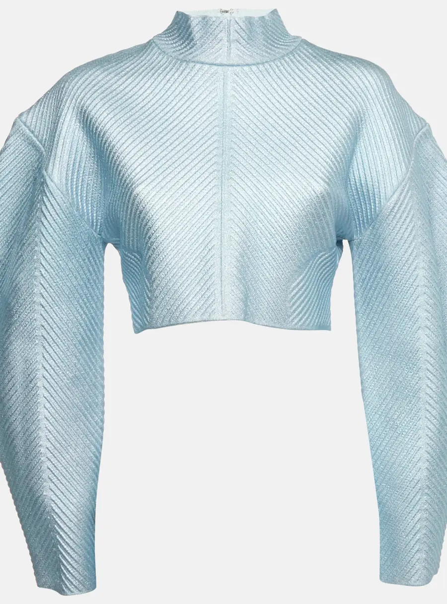 Herve Leger Blue Textured Lurex Knit Mock Neck Sweatshirt L