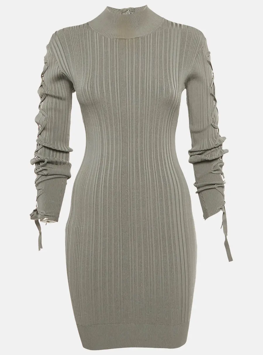 Herve Leger Grey Rib Knit Lace-Up Sleeve Mini Dress XS