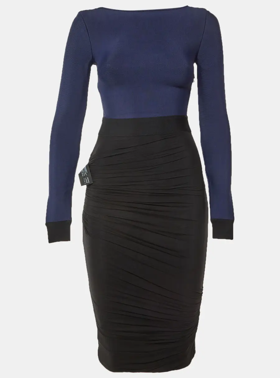 Herve Leger Navy Blue Knit & Tulle Ruched Bodycon Dress XS