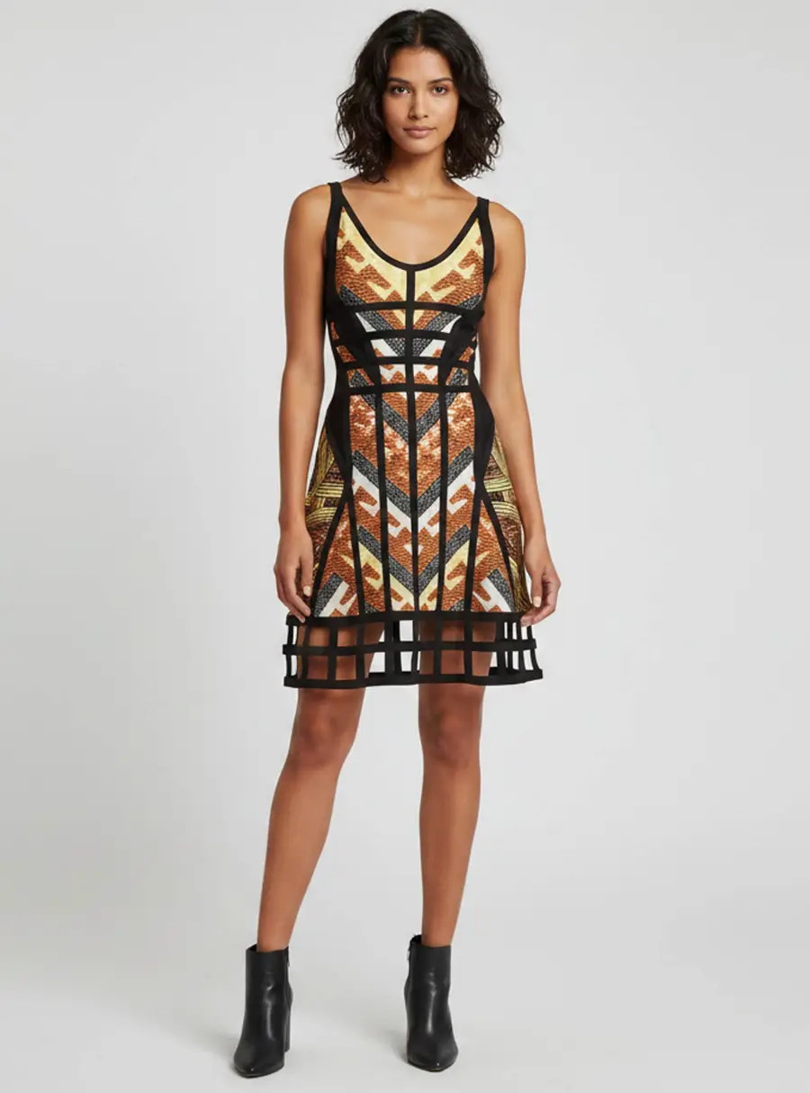 Herve Leger Multicolour Tribal Jacquard Amella Skater Dress S