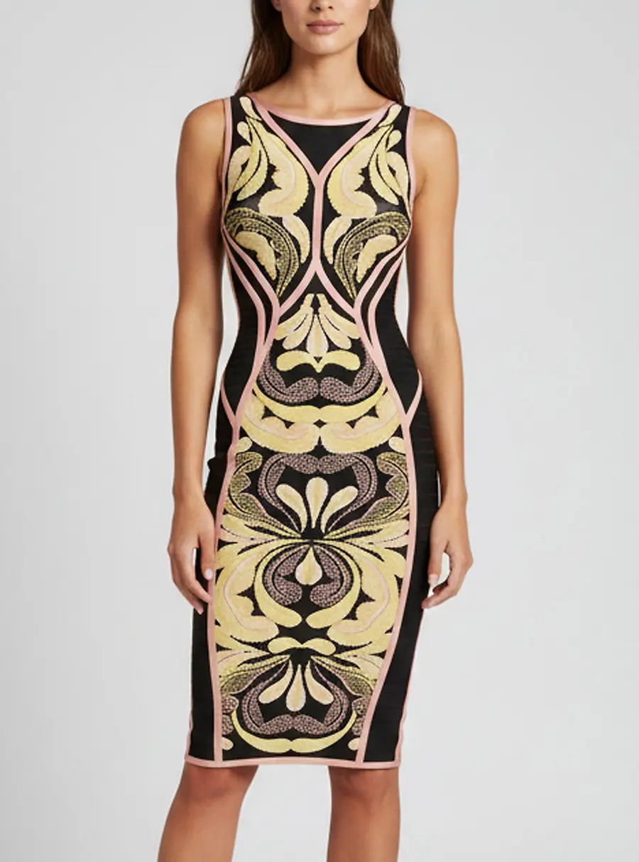 Herve Leger Black Floral Jacquard Knit Bandage Dress XXS