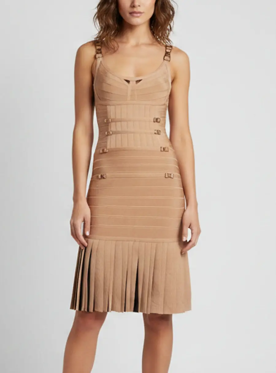 Herv&eacute; L&eacute;ger Cream Rib Knit Fringed Milena Bandage Dress S
