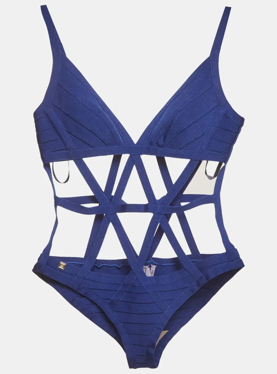 Herve Leger Blue Rib Knit Cutout Bandage One-Piece Swimsuit M