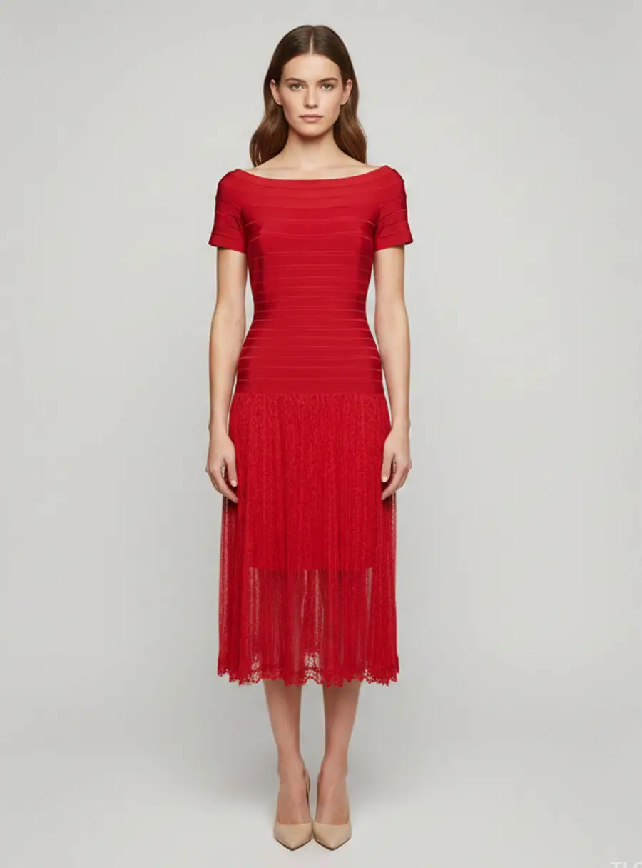 Herve Leger Red Bandage Knit and Lace Off Shoulder Dress S