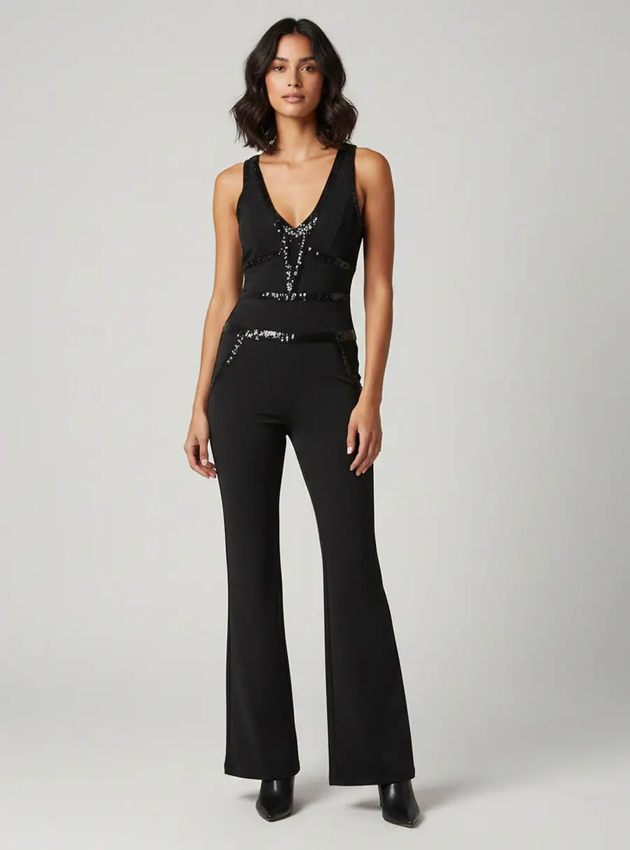 Herve Leger Black Bandage Knit Embellished Sleeveless Jumpsuit S