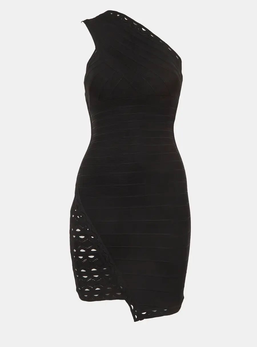 Herve Leger Black Stretch Knit One Shoulder Mini Dress XS