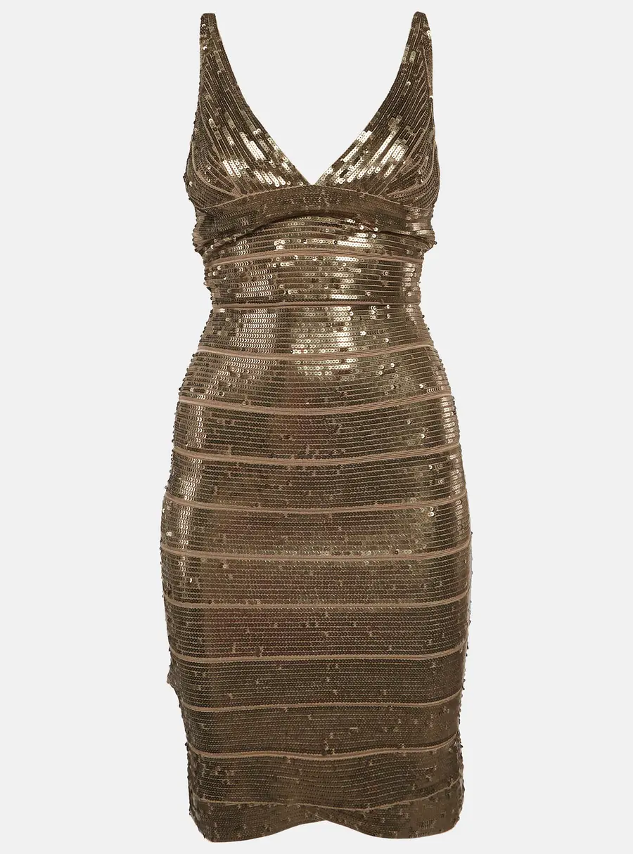 Herve Leger Tan Sequins Bandage Dress S