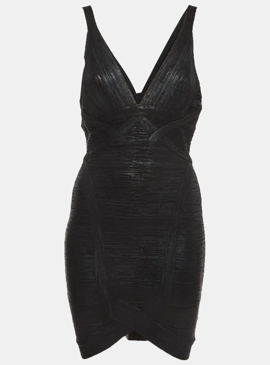 Herve Leger Black Knit Bandage Zip Up Mini Dress S