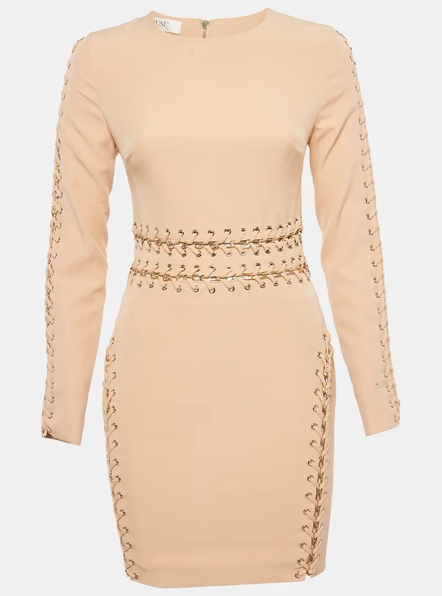 House of Cb Beige Crepe Lace-Up Sheath Dress S