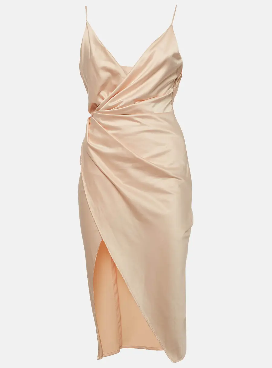 House of CB London Cream Satin Draped Slit Midi Dress S