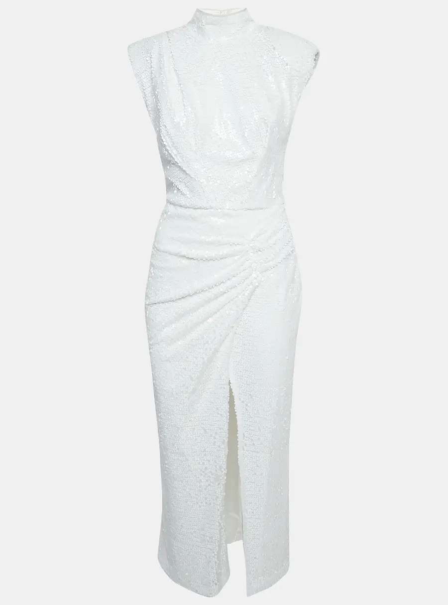 ITMFL White Sequin Draped Sleeveless Long Dress S