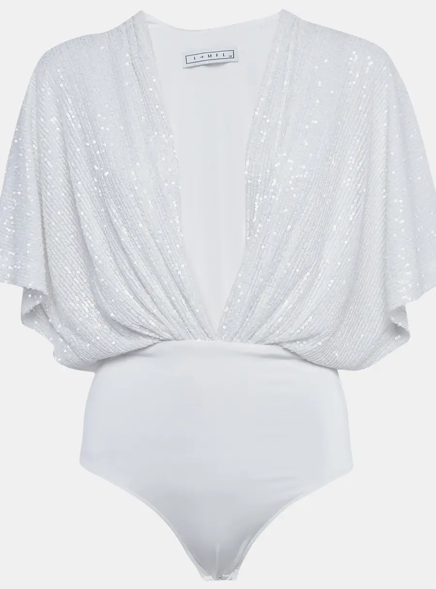 ITMFL White Sequin Plunge Neck Bodysuit XS