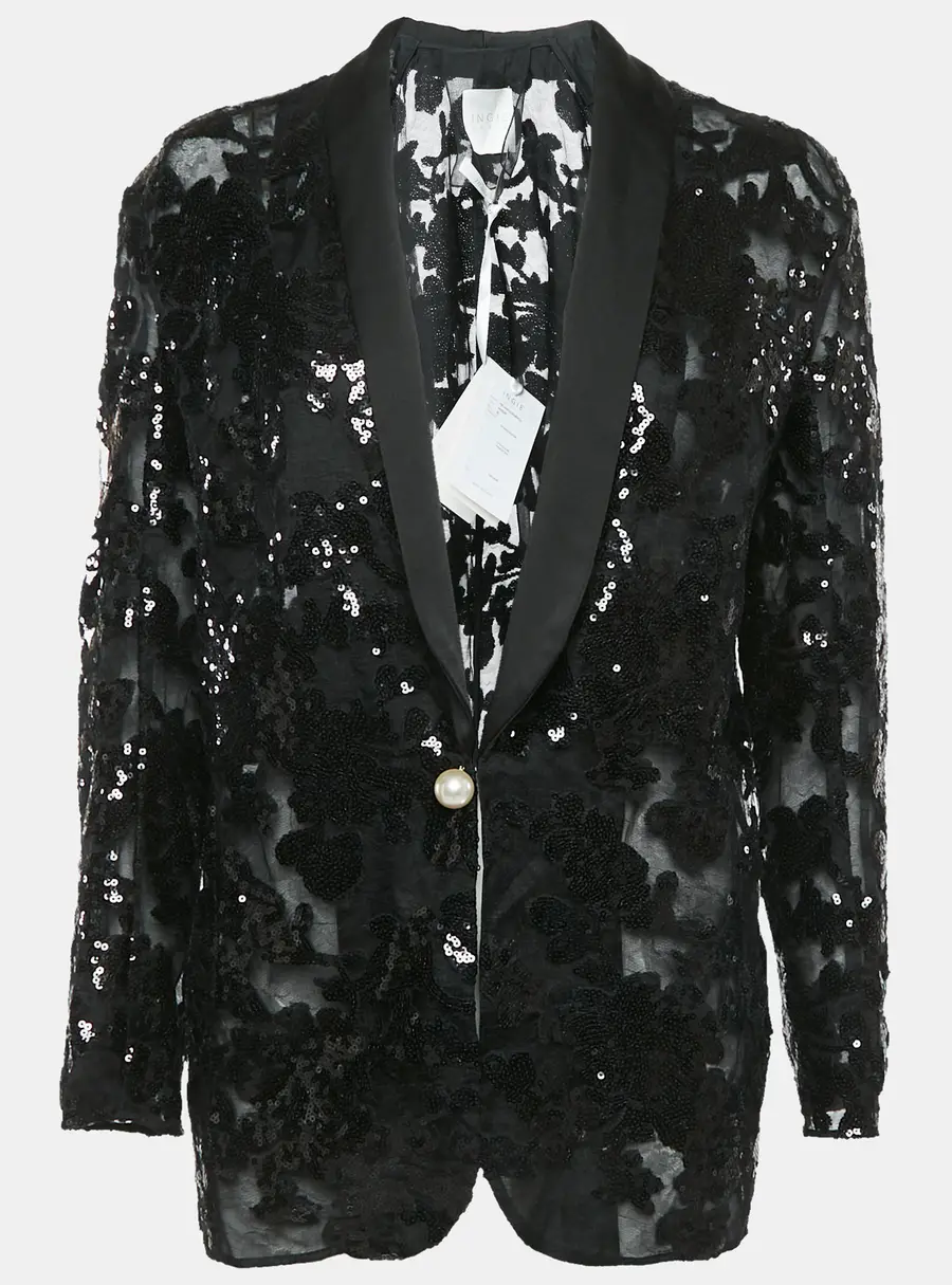 INGIE Paris Black Sequin Embellished Tulle Single Breasted Blazer M