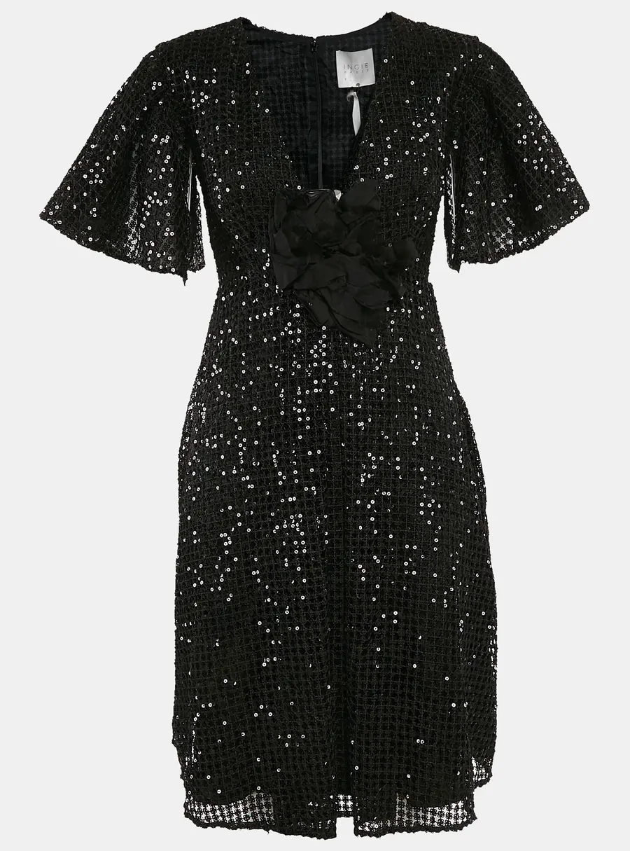 INGIE Paris Black Lace Sequin V-Neck Flared Short Dress M