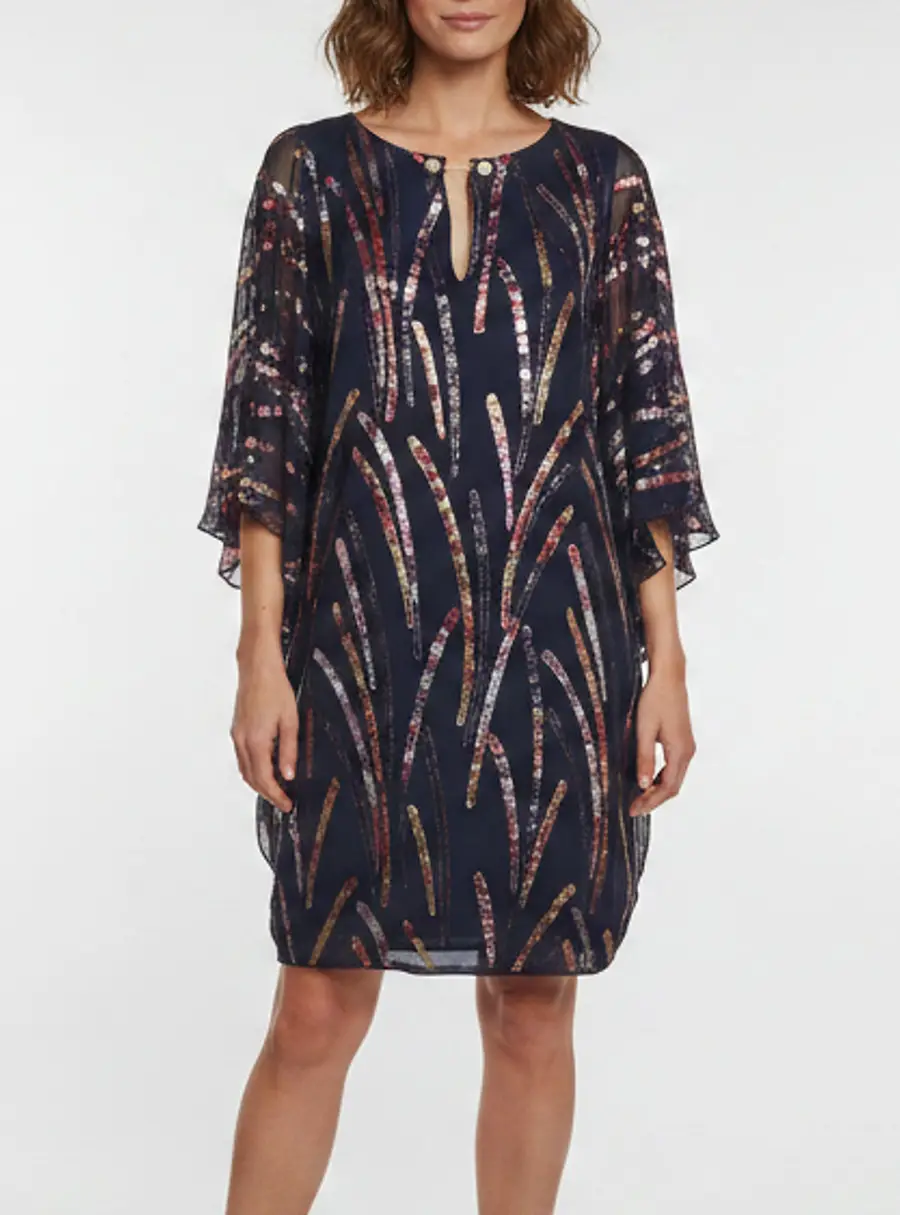 Ingie Paris Navy Blue Silk Chiffon Bell Sleeve Mini Dress L